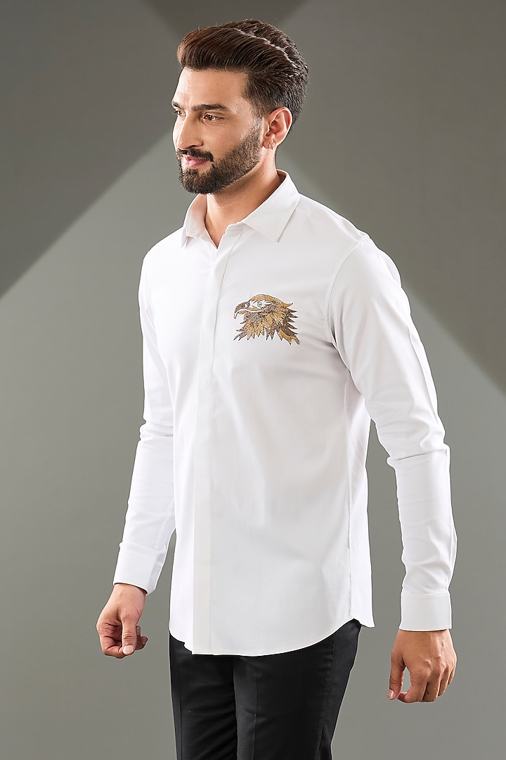 White Cotton Lycra Cutdana Hand Embroidered Party Wear Shirt by SAMMOHAN at Pernia's Pop Up Shop