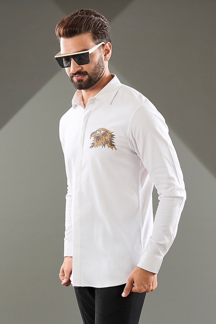 White Cotton Lycra Cutdana Hand Embroidered Party Wear Shirt by SAMMOHAN at Pernia's Pop Up Shop