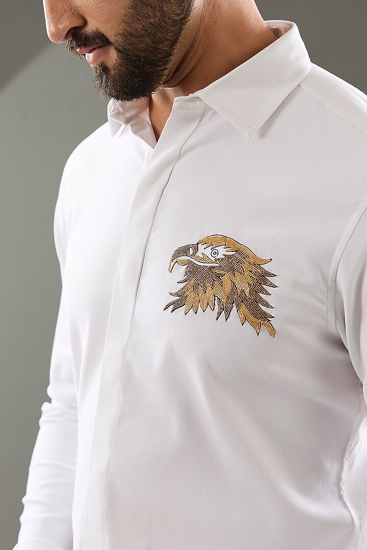White Cotton Lycra Cutdana Hand Embroidered Party Wear Shirt by SAMMOHAN at Pernia's Pop Up Shop