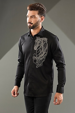 Black Cotton Lycra Cutdana Hand Embroidered Shirt by SAMMOHAN