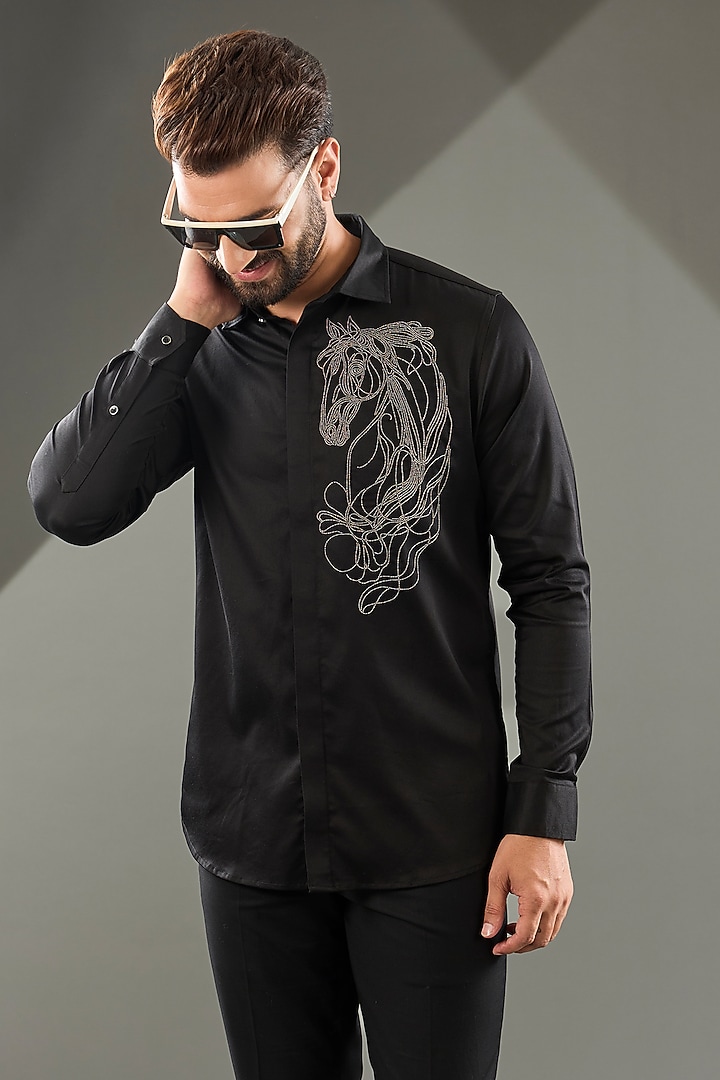 Black Cotton Lycra Cutdana Hand Embroidered Party Wear Shirt by SAMMOHAN at Pernia's Pop Up Shop