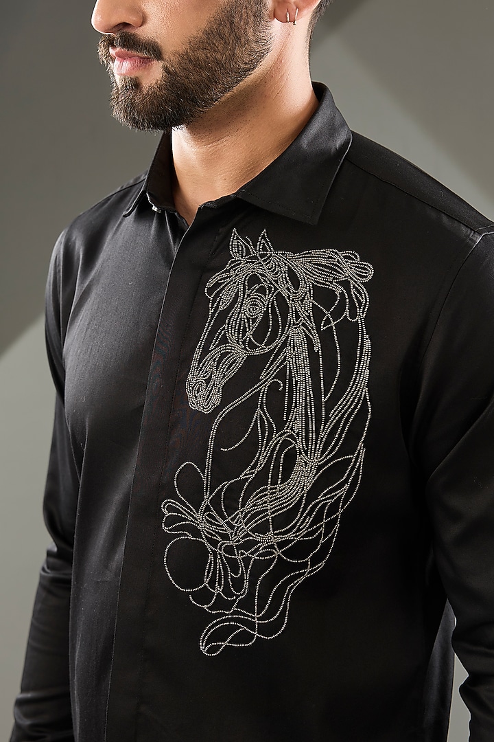 Black Cotton Lycra Cutdana Hand Embroidered Party Wear Shirt by SAMMOHAN at Pernia's Pop Up Shop
