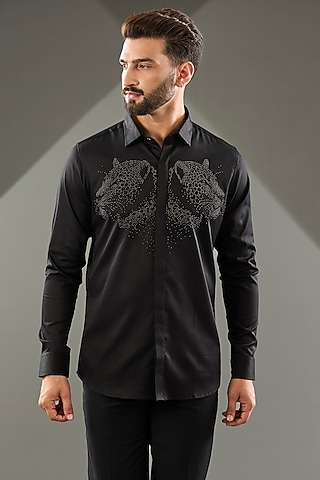 Black Cotton Lycra Cutdana Hand Embroidered Shirt by SAMMOHAN