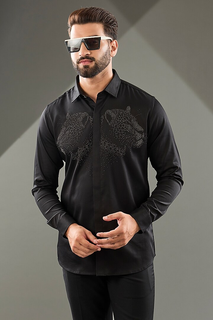 Black Cotton Lycra Cutdana Hand Embroidered Party Wear Shirt by SAMMOHAN at Pernia's Pop Up Shop