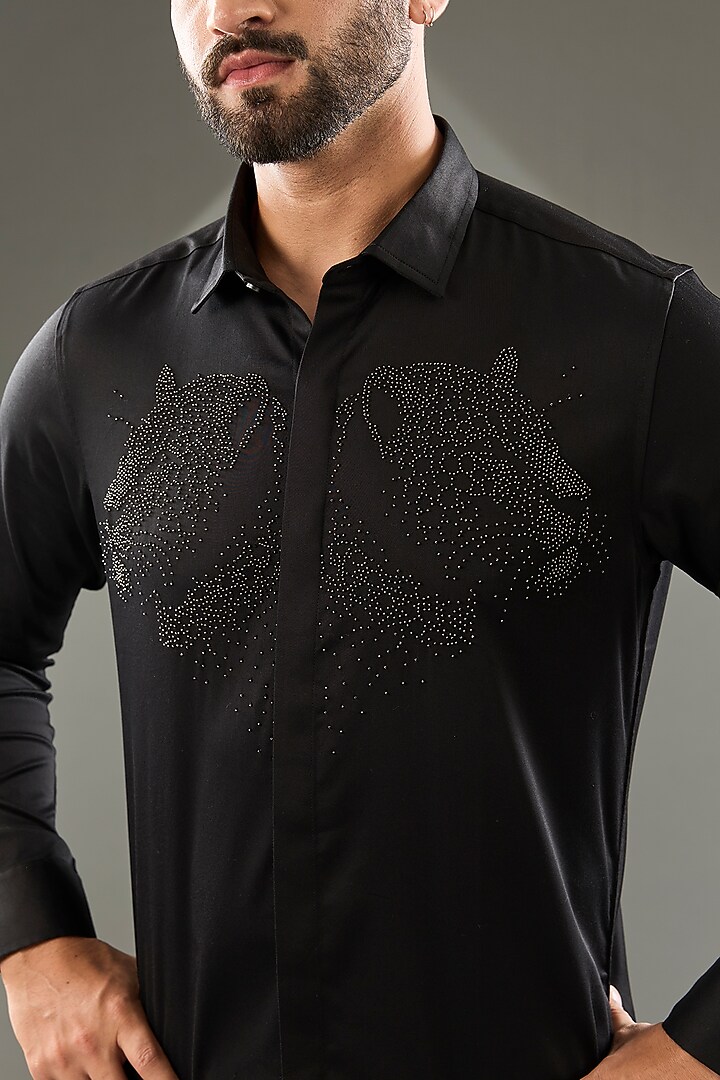 Black Cotton Lycra Cutdana Hand Embroidered Party Wear Shirt by SAMMOHAN at Pernia's Pop Up Shop