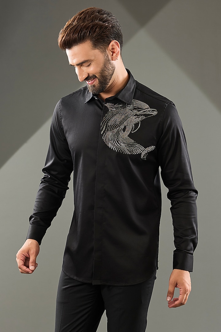 Black Cotton Lycra Cutdana Hand Embroidered Party Wear Shirt by SAMMOHAN at Pernia's Pop Up Shop