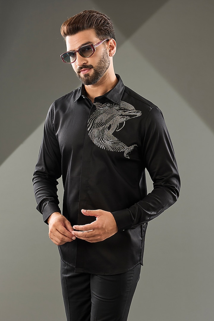 Black Cotton Lycra Cutdana Hand Embroidered Party Wear Shirt by SAMMOHAN at Pernia's Pop Up Shop