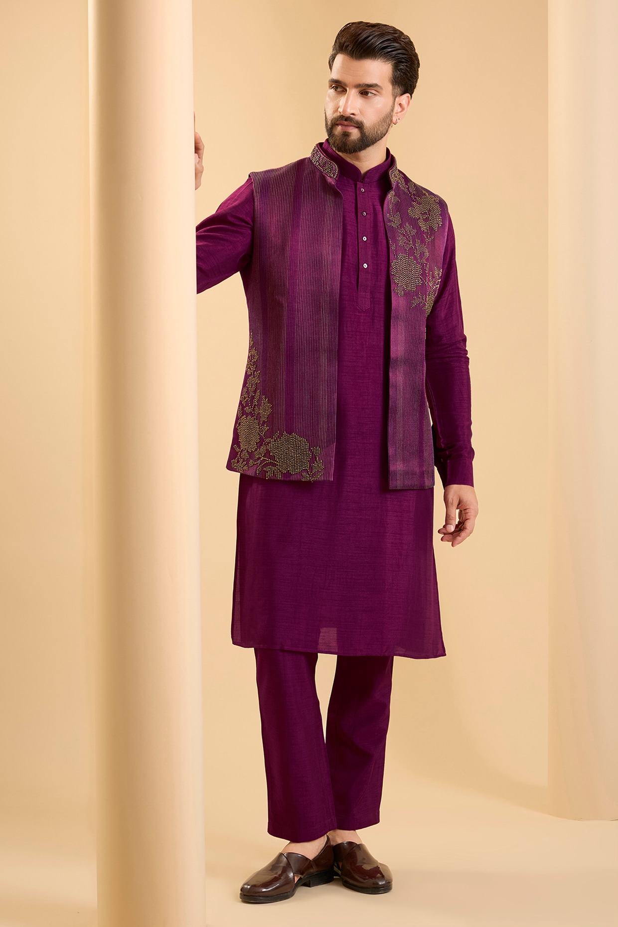 SAMMOHAN Dark Pink Silk Bundi Jacket Set