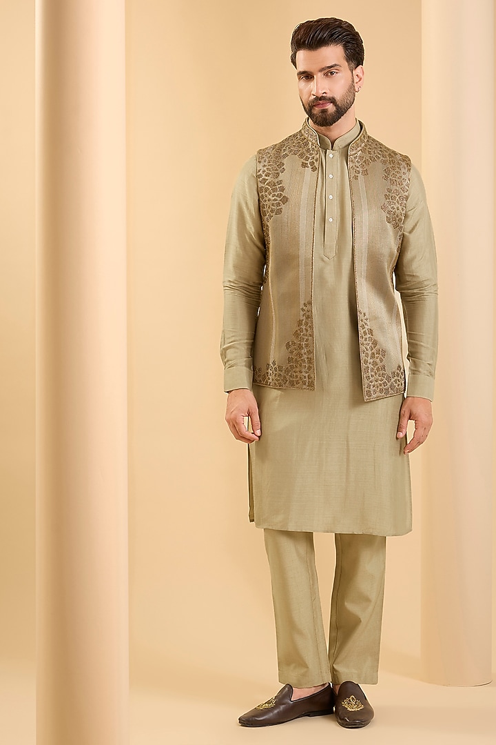 Camel-Colored Silk Bundi Jacket Set by SAMMOHAN at Pernia's Pop Up Shop
