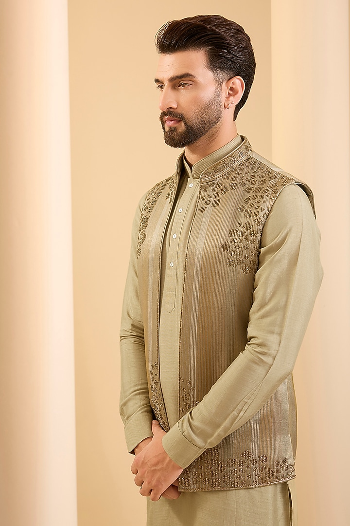 Camel-Colored Silk Bundi Jacket Set by SAMMOHAN at Pernia's Pop Up Shop