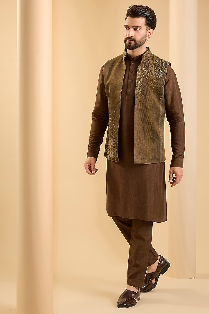 Brown Silk Bundi Jacket Set by SAMMOHAN at Pernia's Pop Up Shop