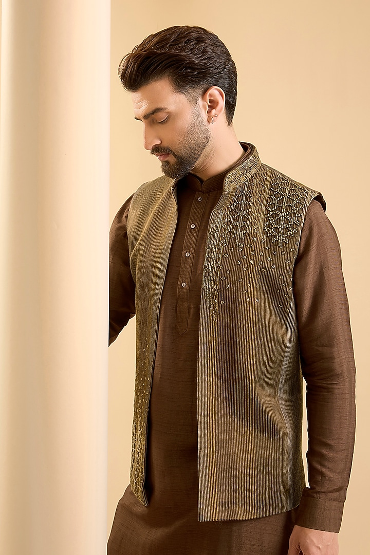 Brown Silk Bundi Jacket Set by SAMMOHAN at Pernia's Pop Up Shop
