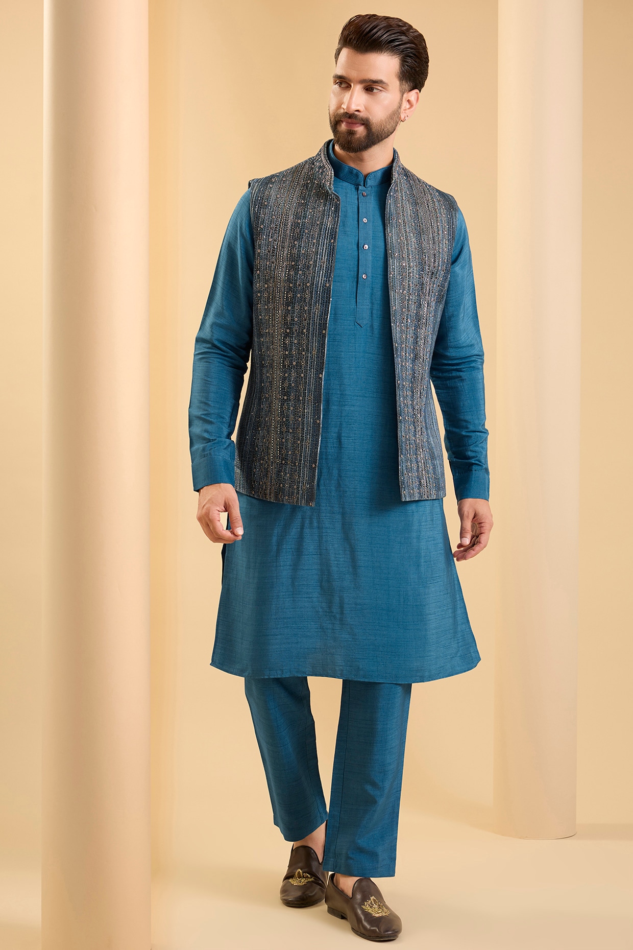 SAMMOHAN Navy Blue Silk Bundi Jacket Set