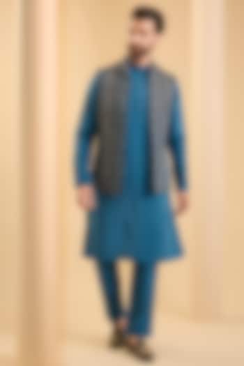 Navy Blue Silk Bundi Jacket Set by SAMMOHAN at Pernia's Pop Up Shop