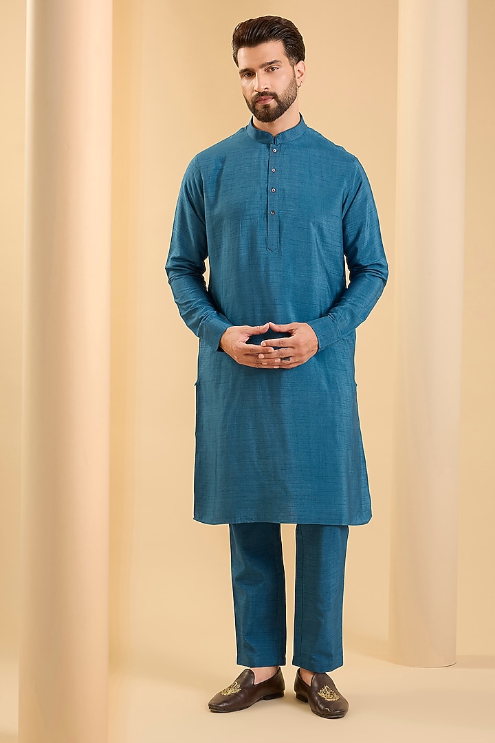 Navy Blue Silk Bundi Jacket Set by SAMMOHAN at Pernia's Pop Up Shop