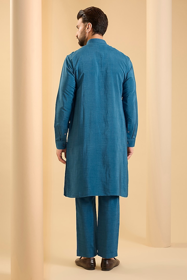 Navy Blue Silk Bundi Jacket Set by SAMMOHAN at Pernia's Pop Up Shop