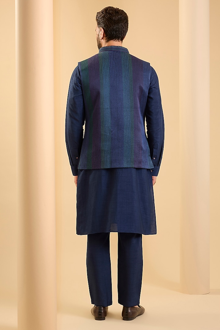 Navy Blue Silk Bundi Jacket Set by SAMMOHAN at Pernia's Pop Up Shop