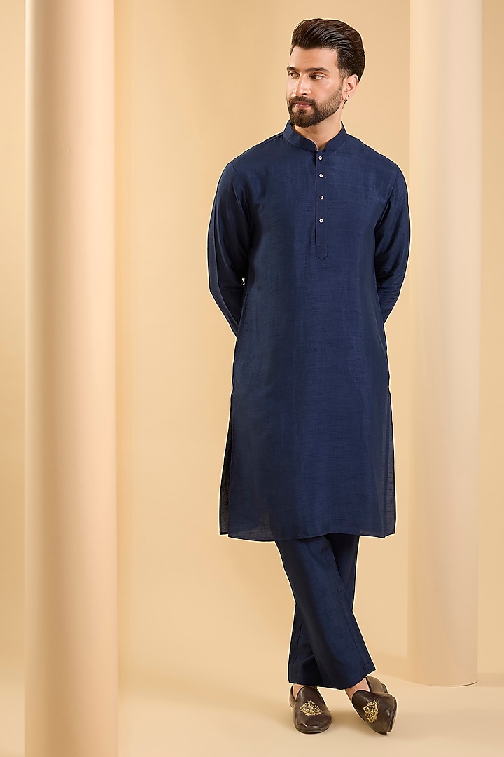Navy Blue Silk Bundi Jacket Set by SAMMOHAN at Pernia's Pop Up Shop