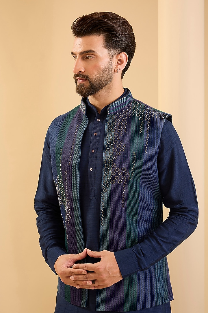 Navy Blue Silk Bundi Jacket Set by SAMMOHAN at Pernia's Pop Up Shop