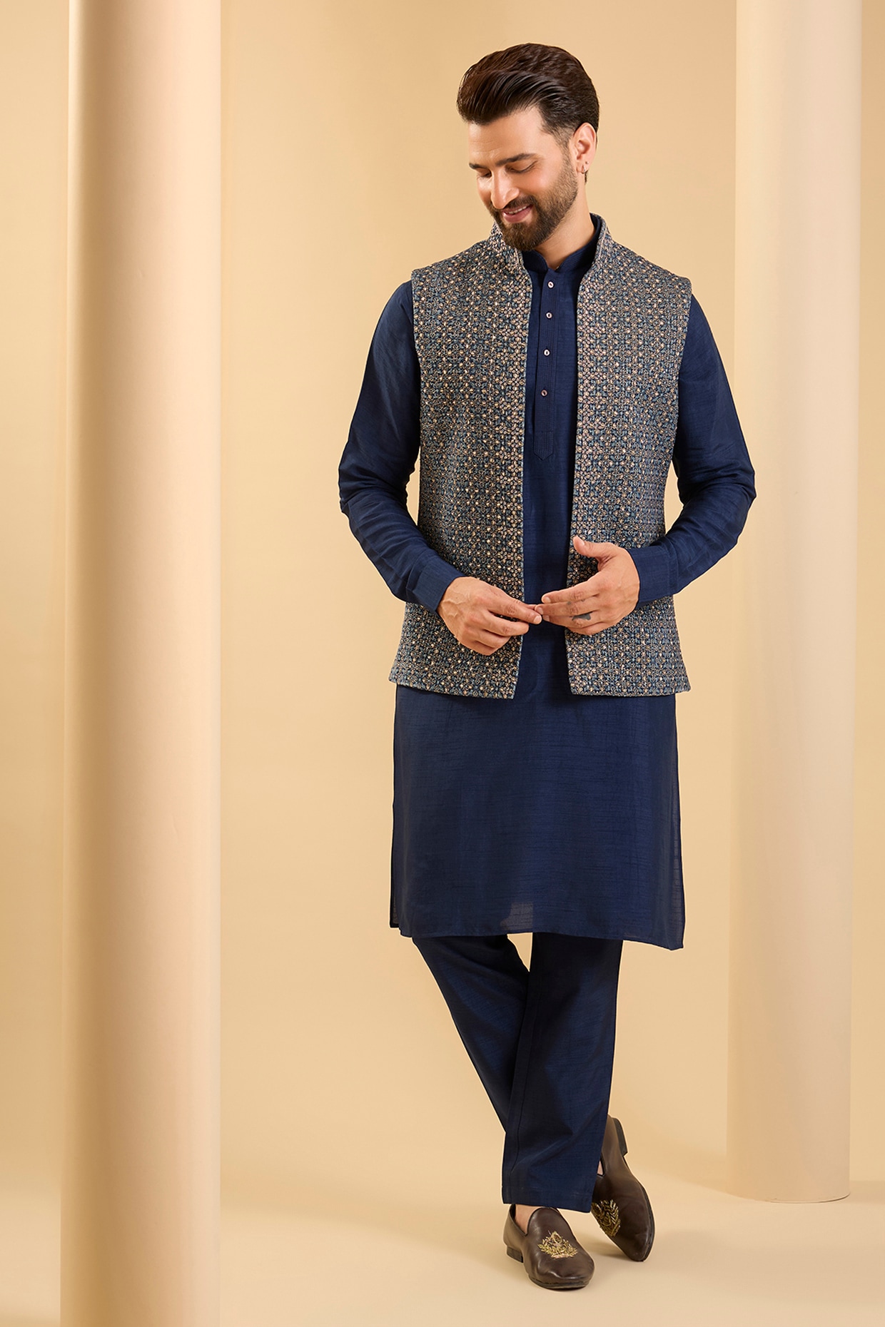 SAMMOHAN Navy Blue Silk Bundi Jacket Set