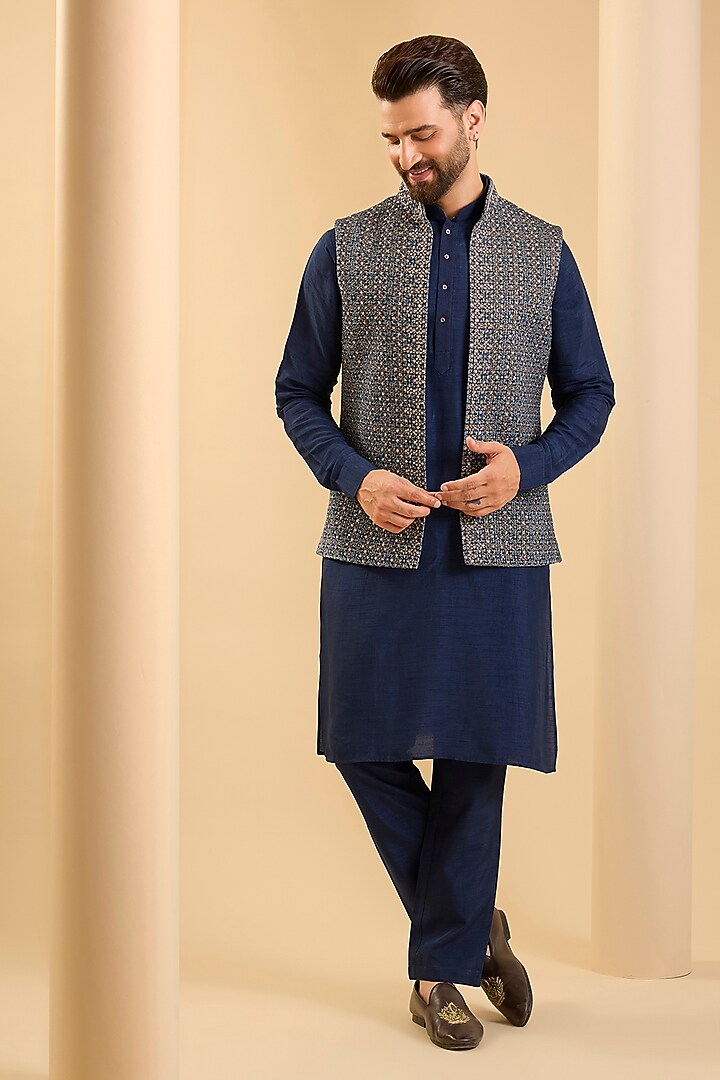 Navy Blue Silk Bundi Jacket Set by SAMMOHAN at Pernia's Pop Up Shop