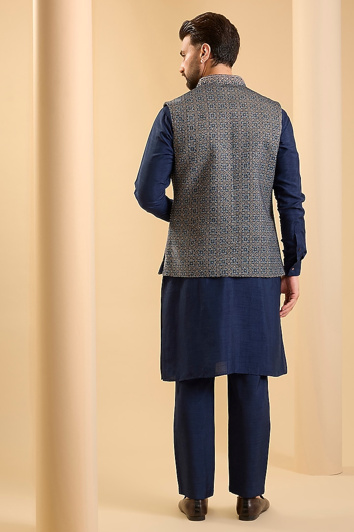 Navy Blue Silk Bundi Jacket Set by SAMMOHAN at Pernia's Pop Up Shop