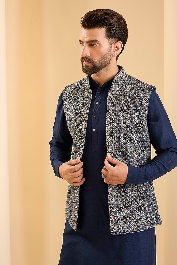 Navy Blue Silk Bundi Jacket Set by SAMMOHAN at Pernia's Pop Up Shop