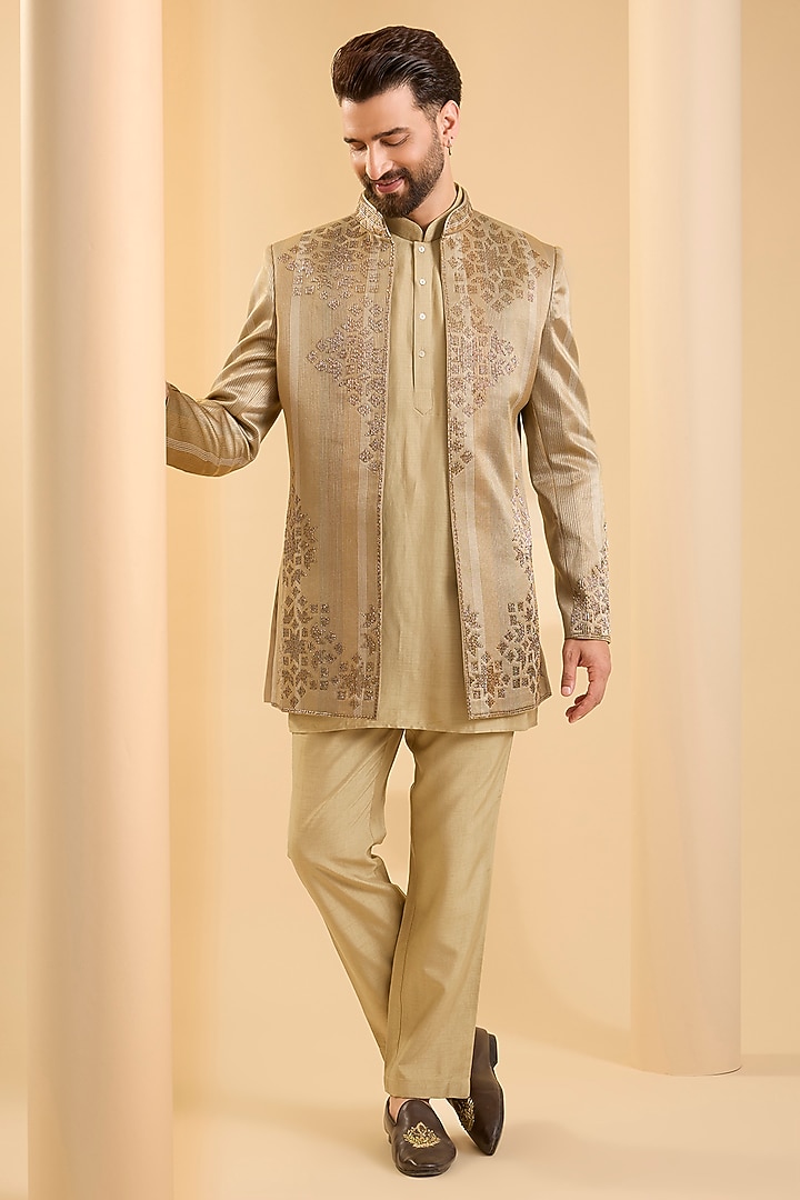 Camel-Colored Silk Wedding Indowestern Set by SAMMOHAN at Pernia's Pop Up Shop