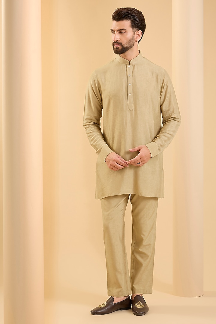 Camel-Colored Silk Wedding Indowestern Set by SAMMOHAN at Pernia's Pop Up Shop