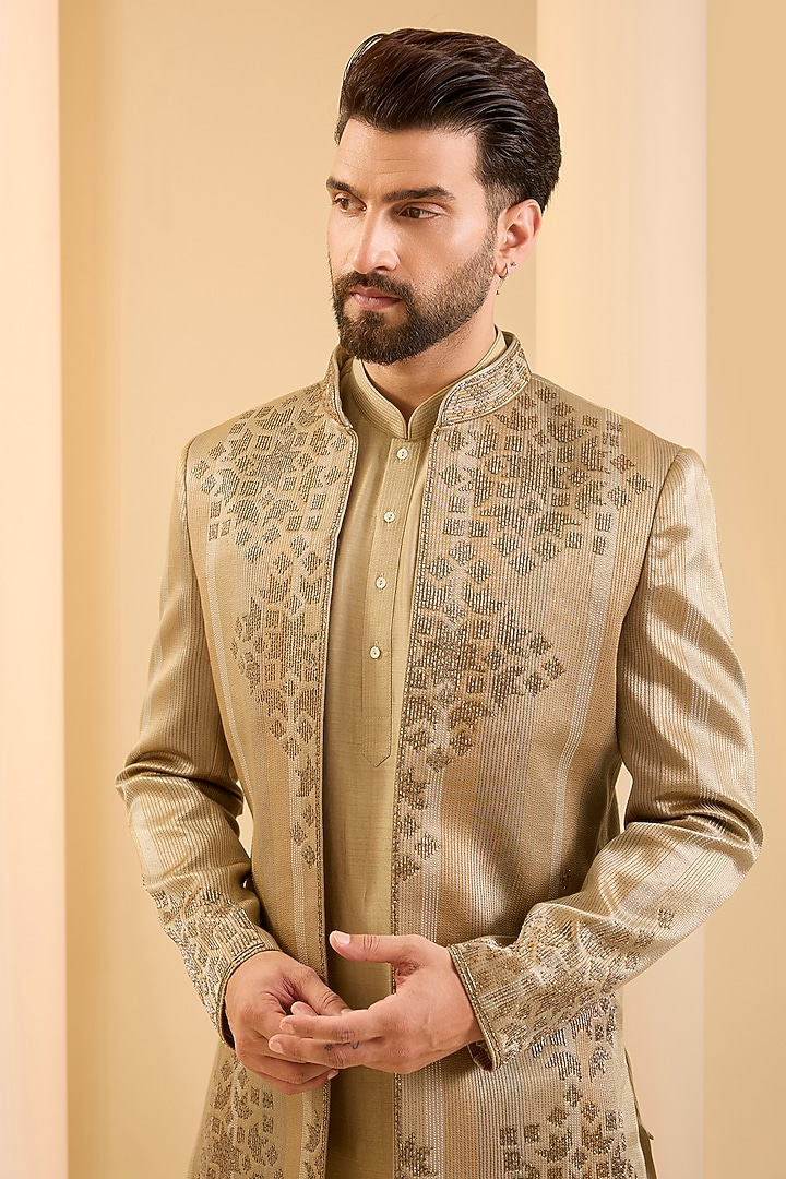Camel-Colored Silk Wedding Indowestern Set by SAMMOHAN at Pernia's Pop Up Shop