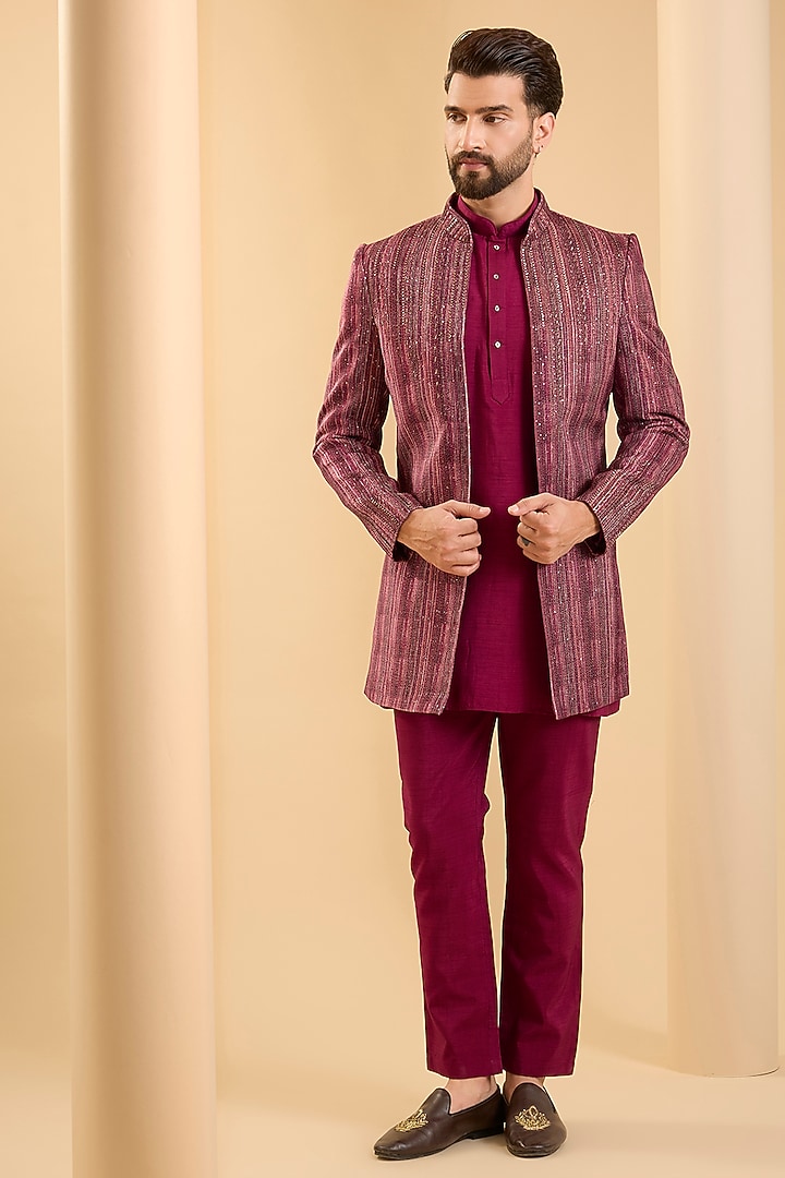 Dark Pink Silk Wedding Indowestern Set by SAMMOHAN at Pernia's Pop Up Shop