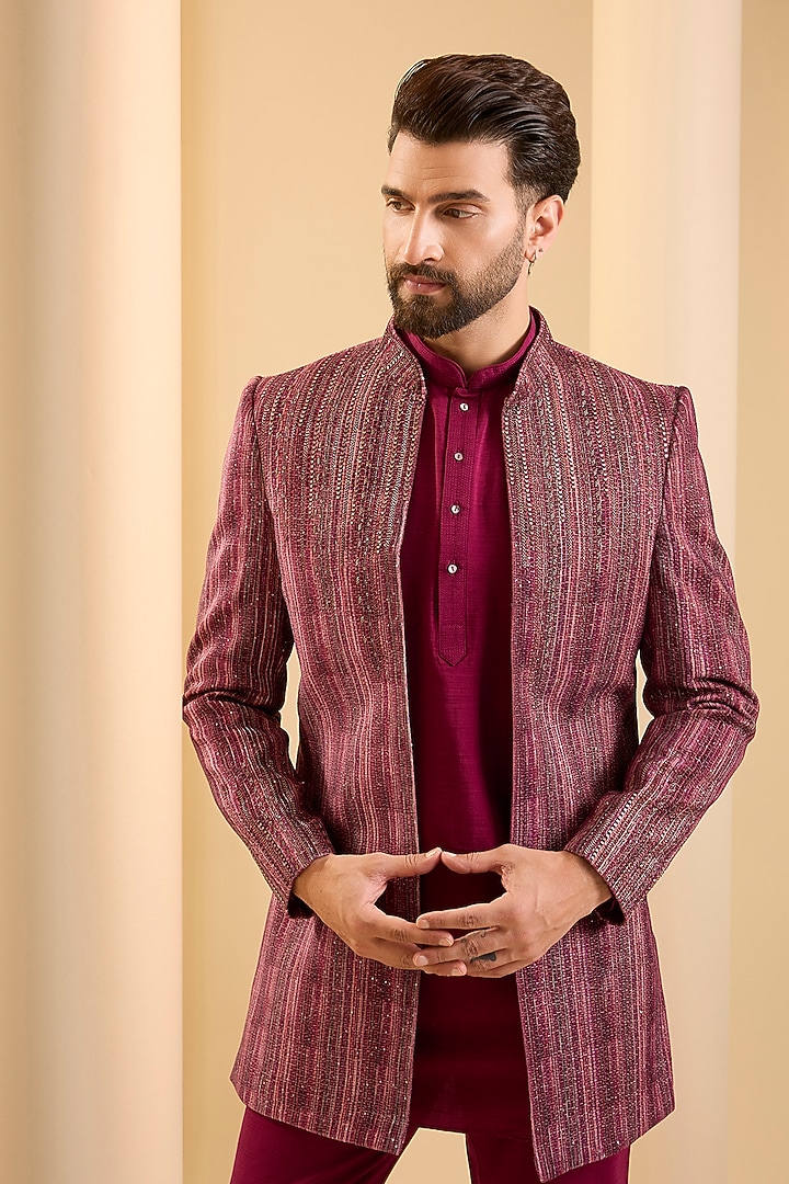 Dark Pink Silk Wedding Indowestern Set by SAMMOHAN at Pernia's Pop Up Shop