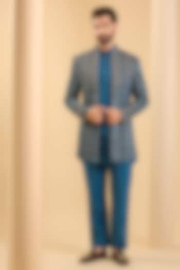 Navy Blue Silk Wedding Indowestern Set by SAMMOHAN at Pernia's Pop Up Shop