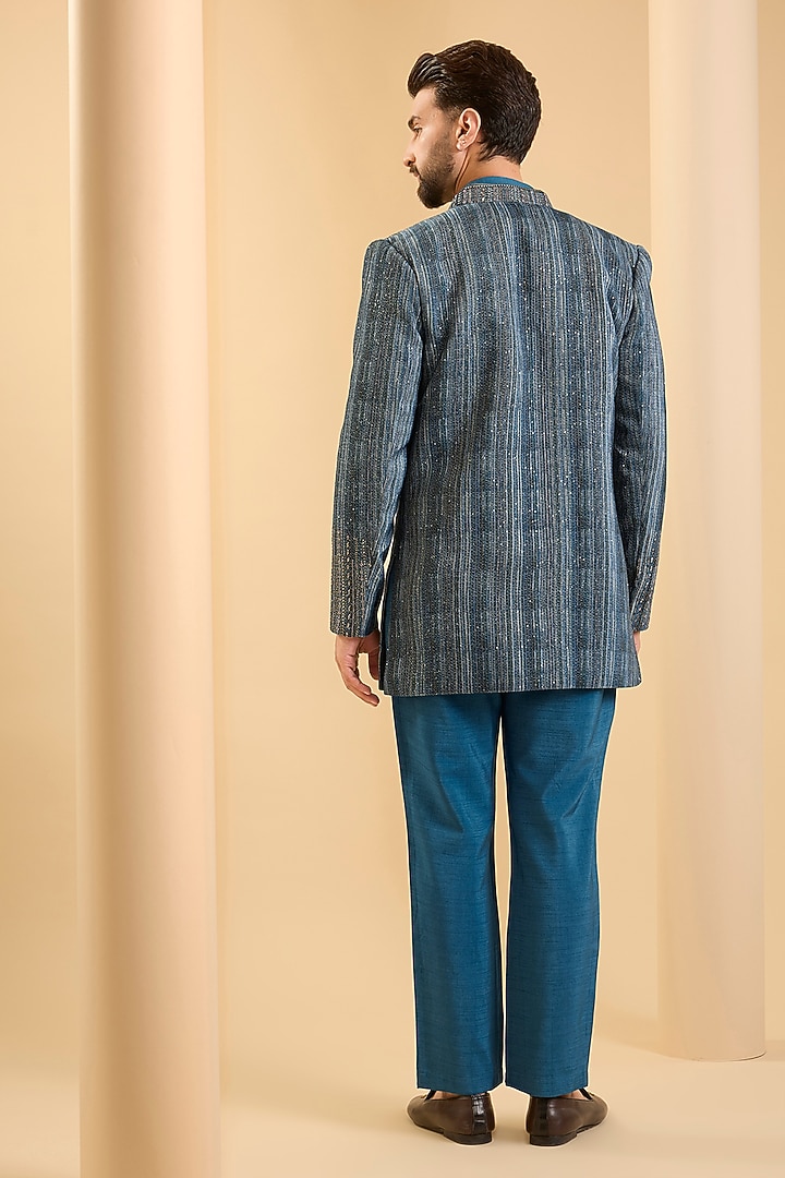 Navy Blue Silk Wedding Indowestern Set by SAMMOHAN at Pernia's Pop Up Shop