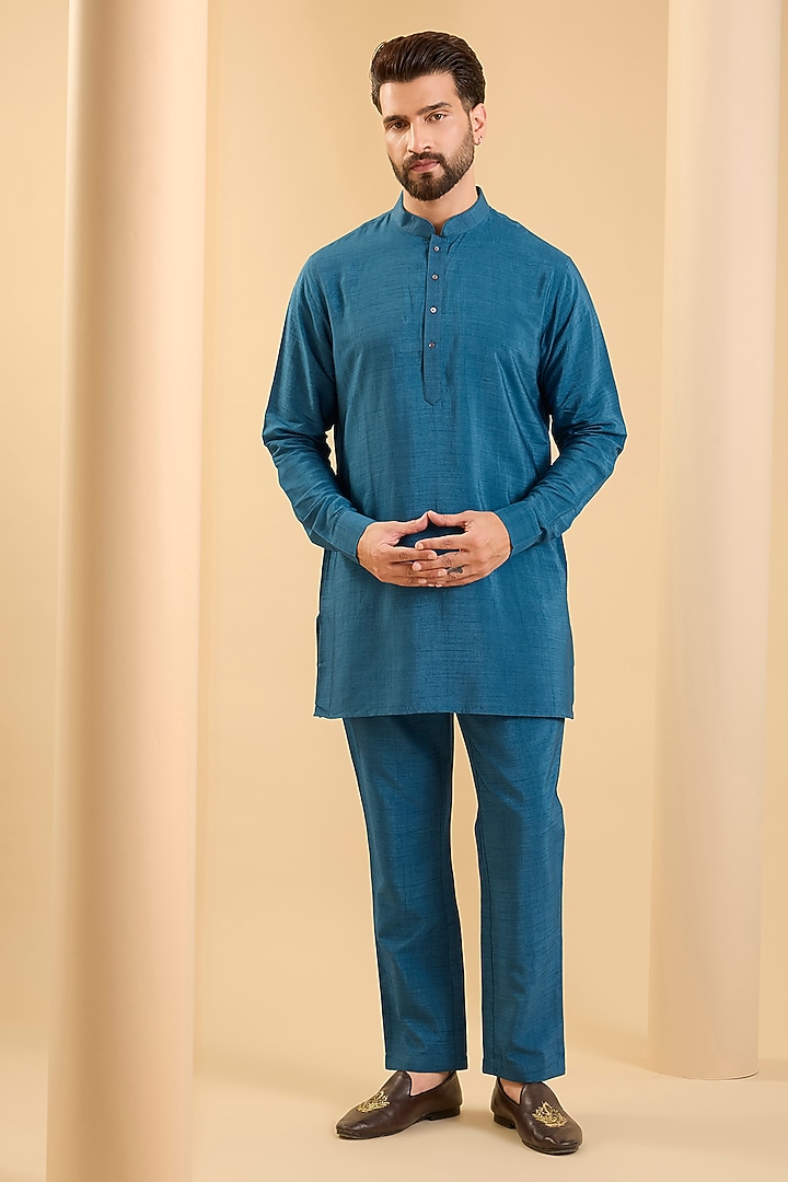 Navy Blue Silk Wedding Indowestern Set by SAMMOHAN at Pernia's Pop Up Shop