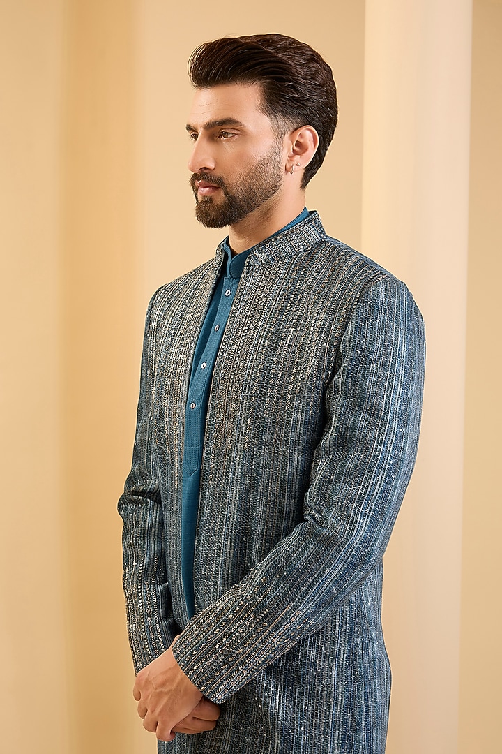Navy Blue Silk Wedding Indowestern Set by SAMMOHAN at Pernia's Pop Up Shop