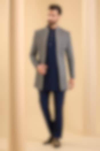 Navy Blue Silk Groom Indowestern Set by SAMMOHAN at Pernia's Pop Up Shop