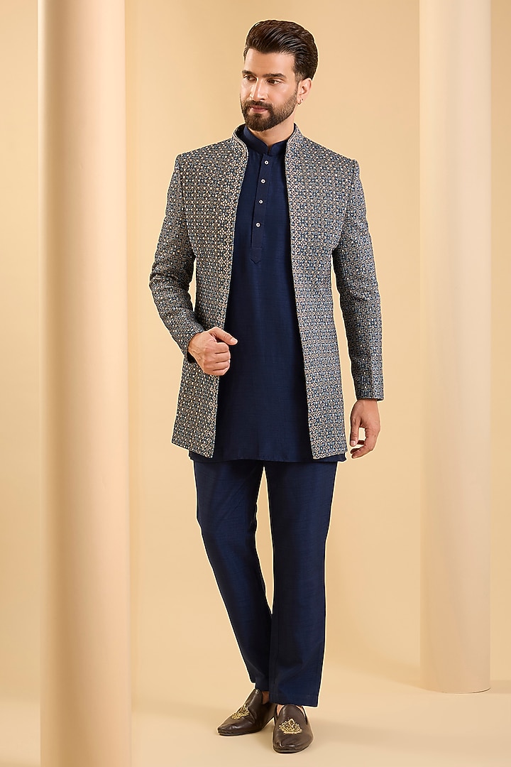 Navy Blue Silk Groom Indowestern Set by SAMMOHAN at Pernia's Pop Up Shop