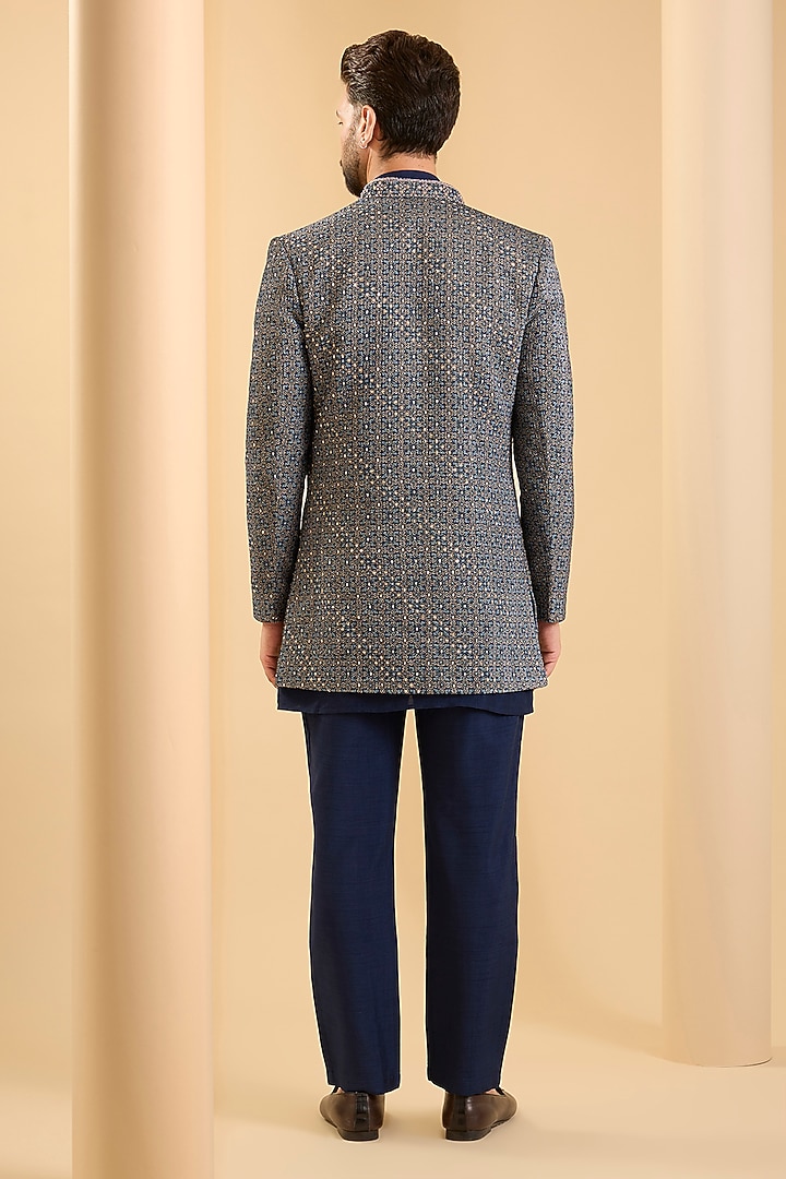 Navy Blue Silk Groom Indowestern Set by SAMMOHAN at Pernia's Pop Up Shop