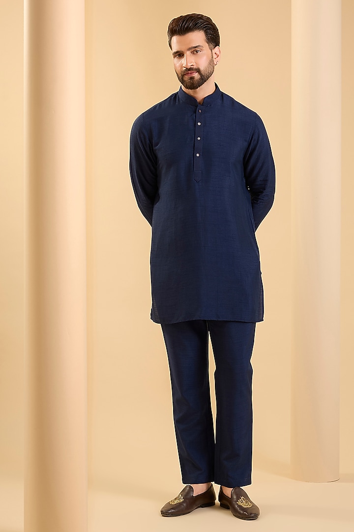 Navy Blue Silk Groom Indowestern Set by SAMMOHAN at Pernia's Pop Up Shop