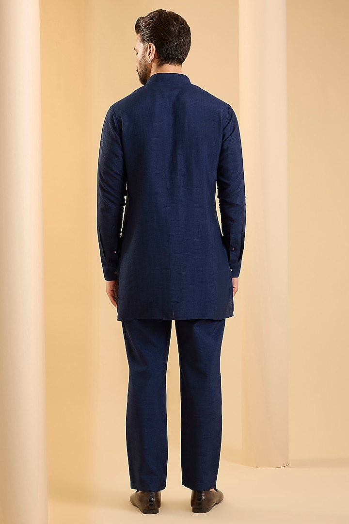 Navy Blue Silk Groom Indowestern Set by SAMMOHAN at Pernia's Pop Up Shop