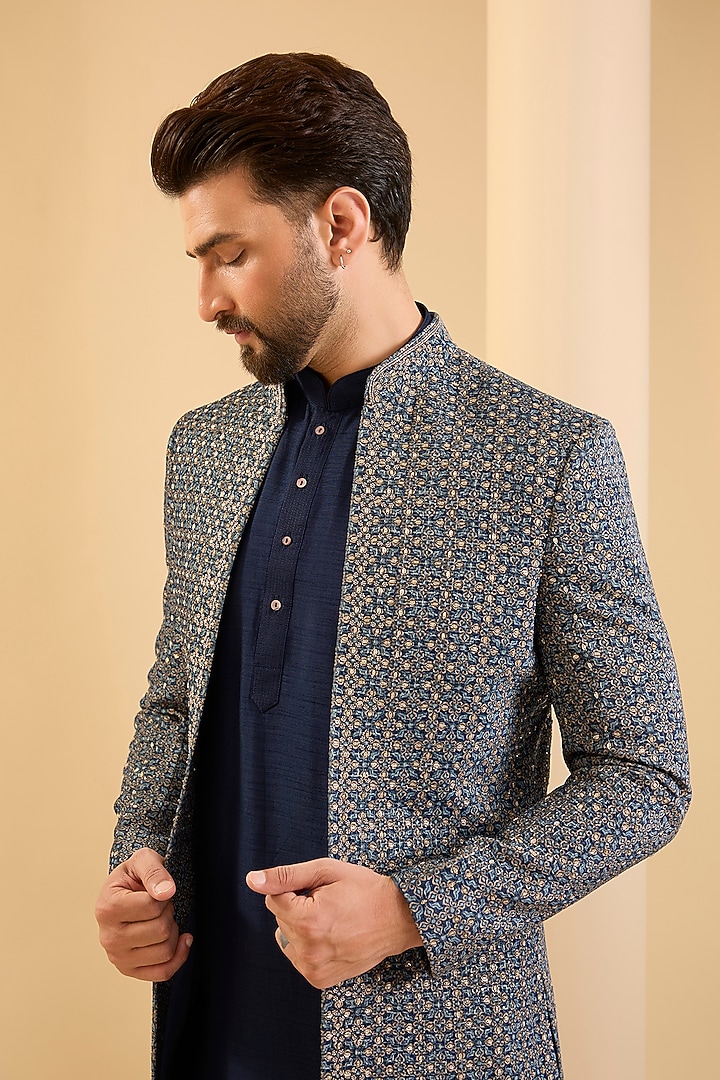 Navy Blue Silk Groom Indowestern Set by SAMMOHAN at Pernia's Pop Up Shop