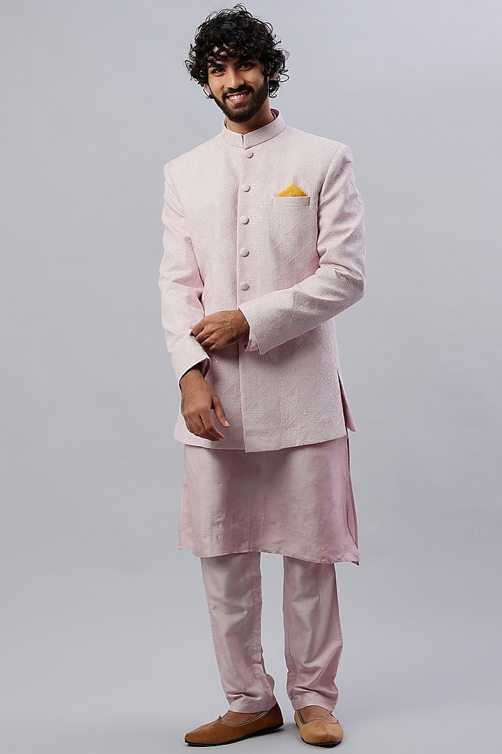 Powder Pink Embroidered Bandhgala Jacket With Kurta Set by SAMMOHAN