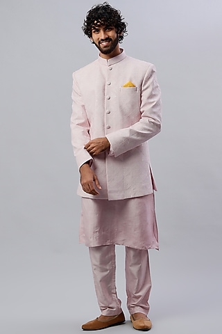 Powder Pink Embroidered Bandhgala Jacket With Kurta Set by ALOUKIK