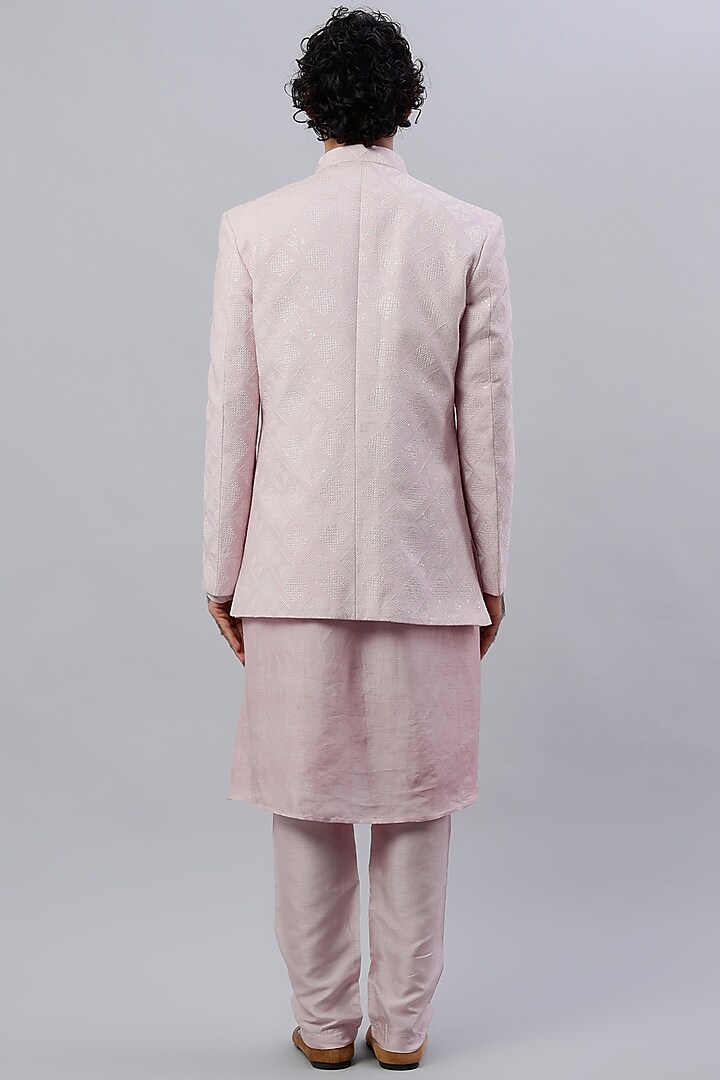 Powder Pink Embroidered Wedding Bandhgala Jacket With Kurta Set by ALOUKIK at Pernia's Pop Up Shop