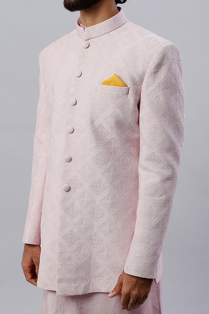 Powder Pink Embroidered Wedding Bandhgala Jacket With Kurta Set by ALOUKIK at Pernia's Pop Up Shop