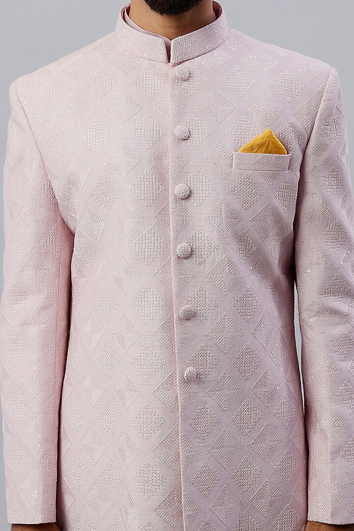 Powder Pink Embroidered Wedding Bandhgala Jacket With Kurta Set by ALOUKIK at Pernia's Pop Up Shop