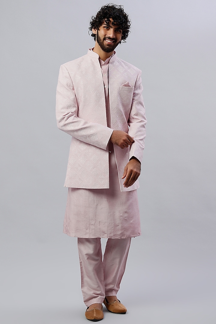 Powder Pink Silk Indowestern Set by SAMMOHAN