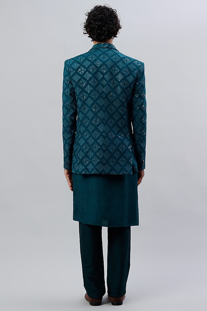Teal Green Embroidered Blazer Set by ALOUKIK at Pernia's Pop Up Shop