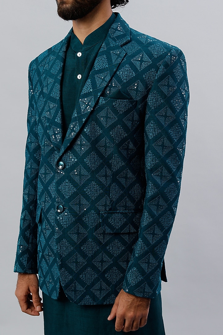Teal Green Embroidered Blazer Set by ALOUKIK at Pernia's Pop Up Shop